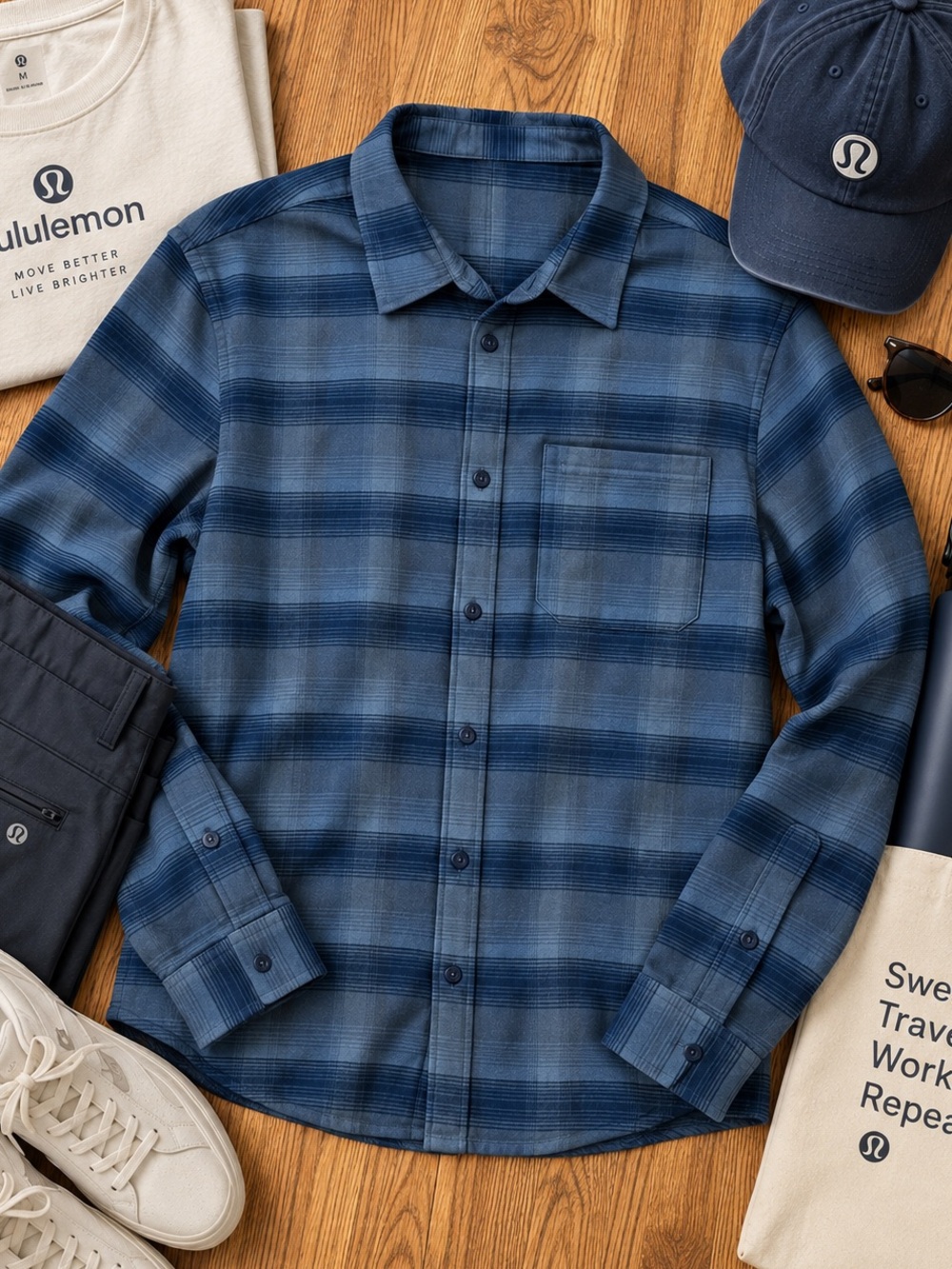 Lululemon Masons Peak Flannel Shirt Mens Large Blue Plaid Button Up Long Sleeve